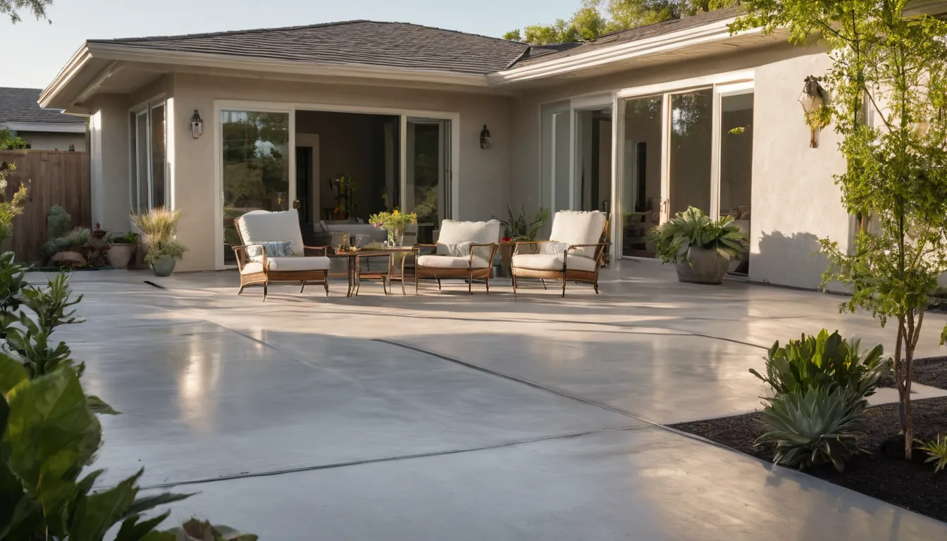 Finished concrete patio behind a stucco ranch home in the Long Beach area with outdoor chairs and a table