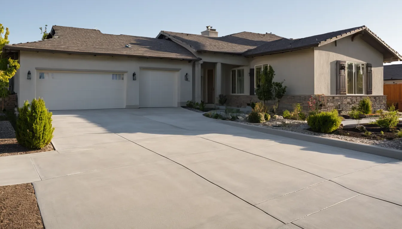 A freshly poured concrete driveway in front of a stucco ranch home in Long Beach